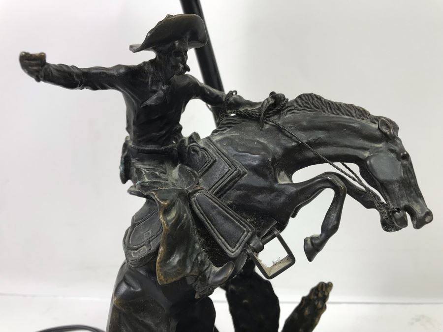 Frederic Remington Bronze Table Lamp With Colored Glass Shade [Photo 7]