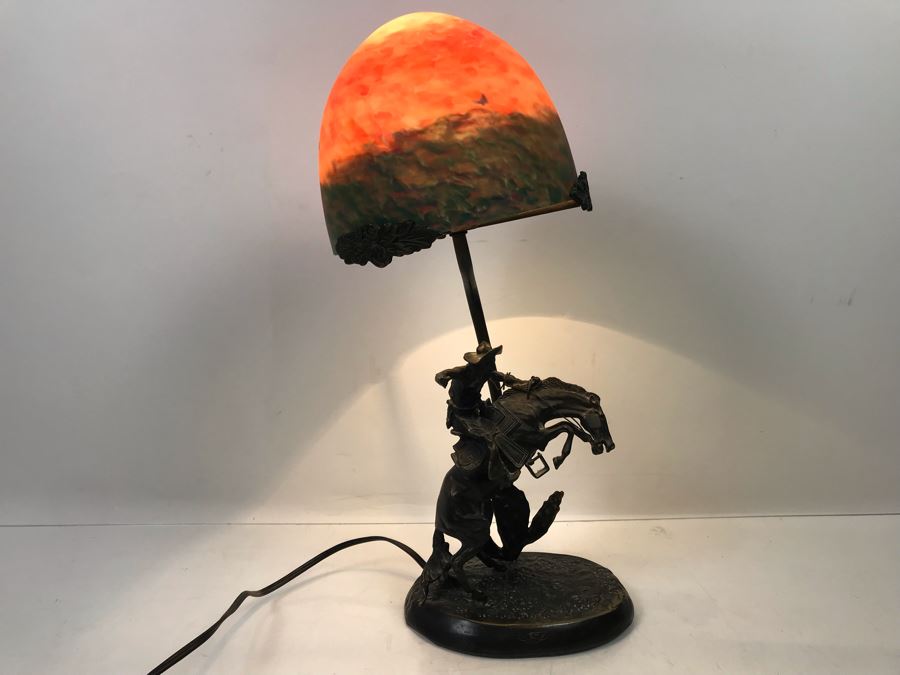 Frederic Remington Bronze Table Lamp With Colored Glass Shade