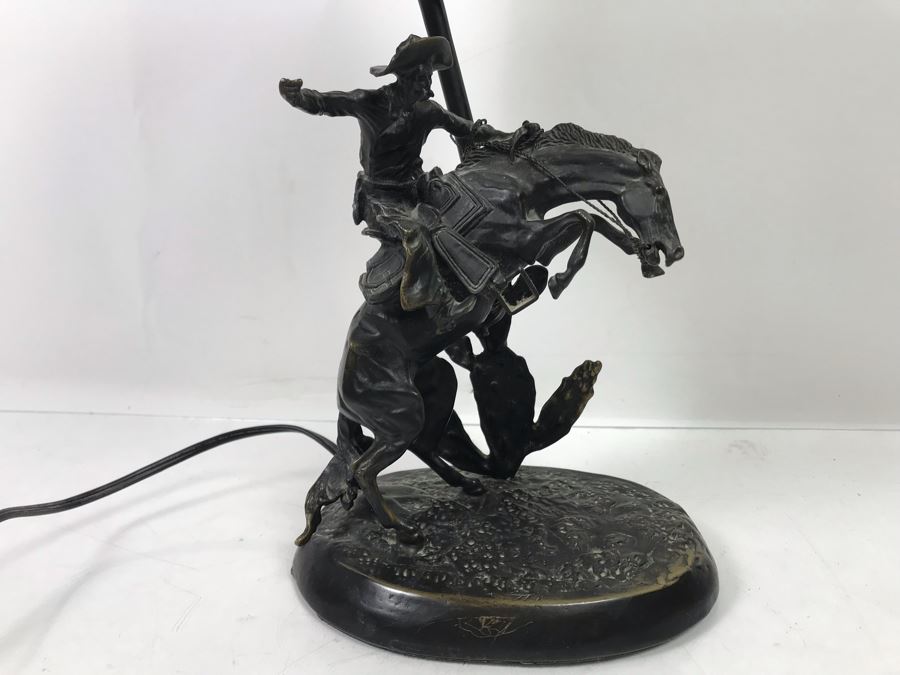 Frederic Remington Bronze Table Lamp With Colored Glass Shade [Photo 2]