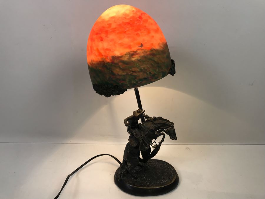 Frederic Remington Bronze Table Lamp With Colored Glass Shade