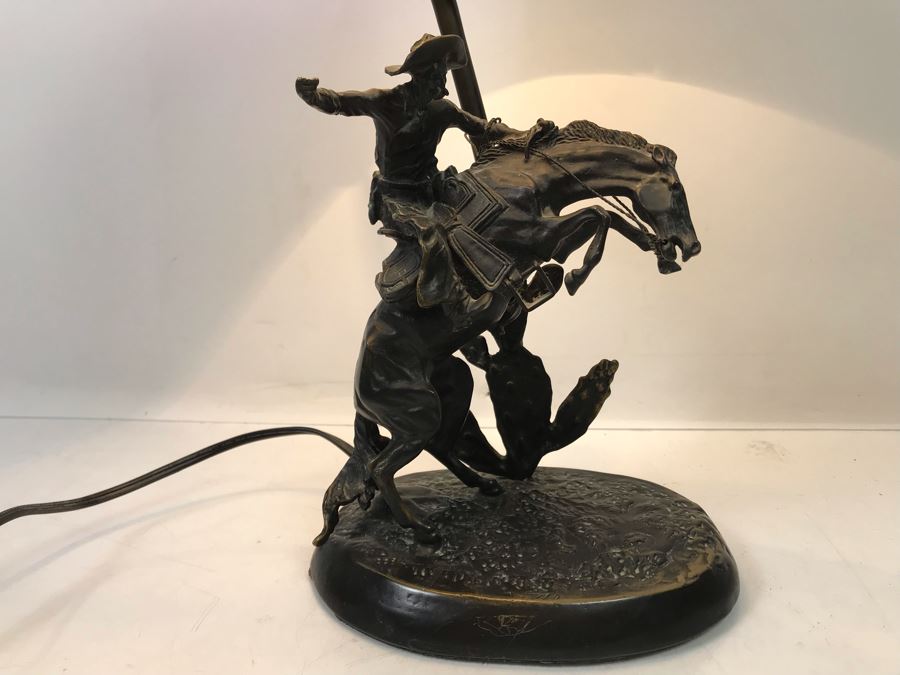 Frederic Remington Bronze Table Lamp With Colored Glass Shade [Photo 6]