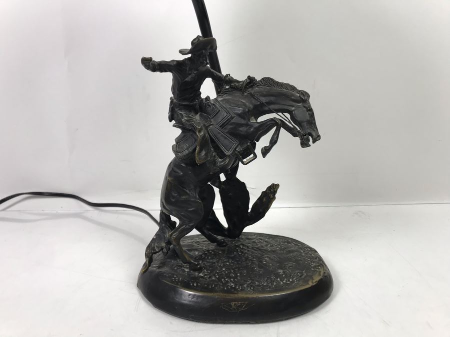 Frederic Remington Bronze Table Lamp With Colored Glass Shade [Photo 21]