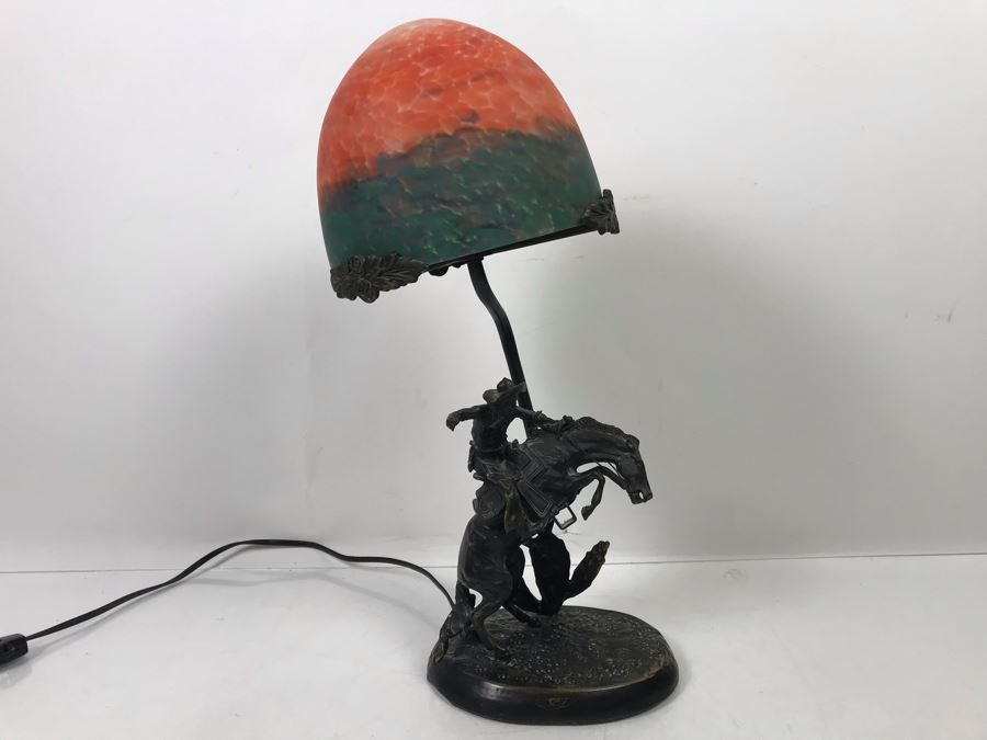 Frederic Remington Bronze Table Lamp With Colored Glass Shade [Photo 20]