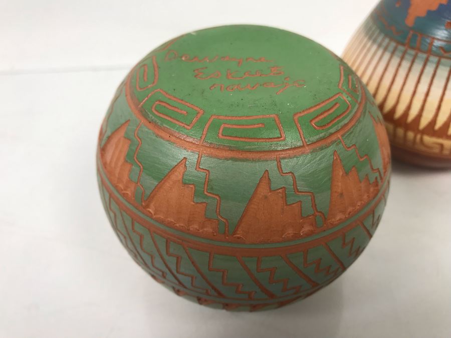 Pair Of Native American Pottery Pots - One Signed Dewayne Eskeets Navajo Other Signed BL [Photo 6]