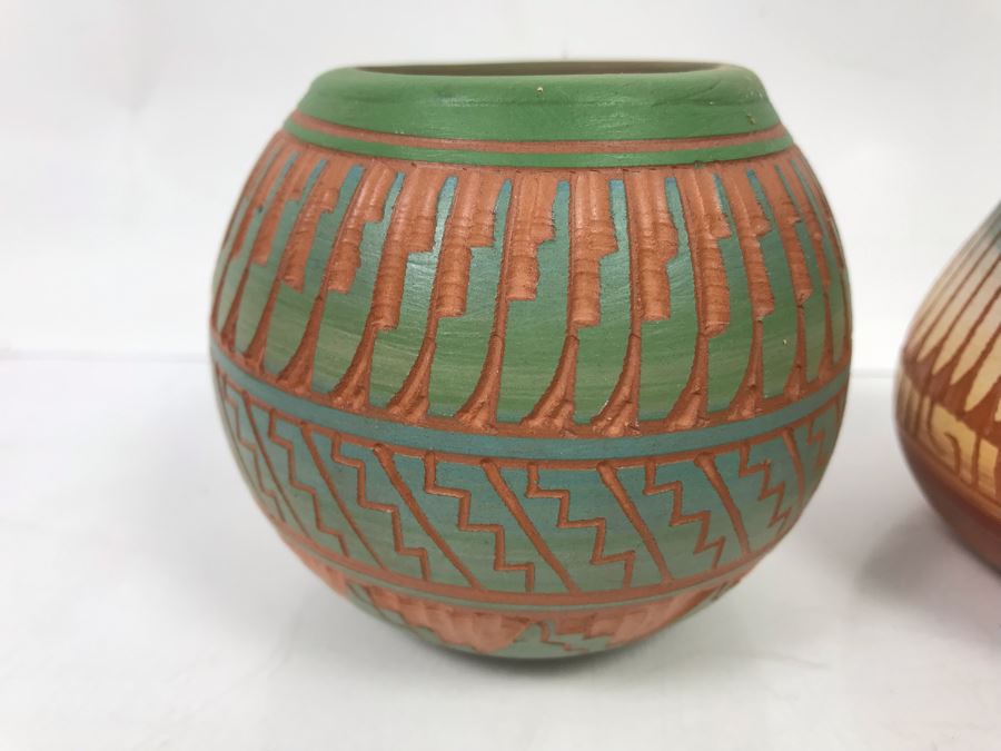 Pair Of Native American Pottery Pots - One Signed Dewayne Eskeets Navajo Other Signed BL [Photo 2]