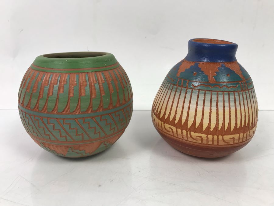 Pair Of Native American Pottery Pots - One Signed Dewayne Eskeets Navajo Other Signed BL [Photo 1]