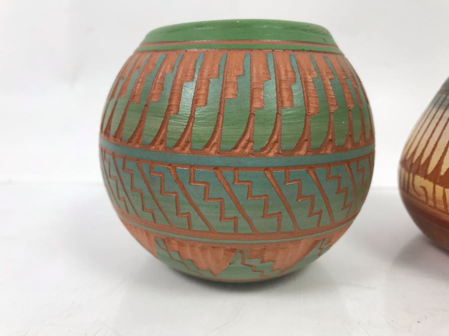 Pair Of Native American Pottery Pots - One Signed Dewayne Eskeets Navajo Other Signed BL [Photo 3]