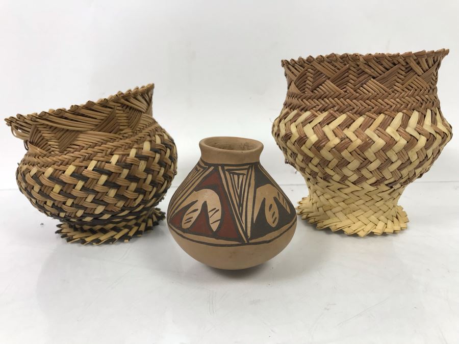 Mexican Pottery And Pair Of Small Woven Footed Baskets