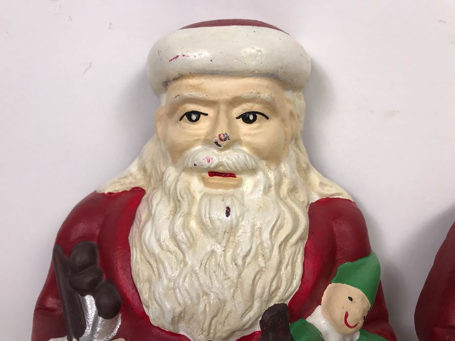 Pair Of Cast Iron Painted Santa Claus Andirons Figurines