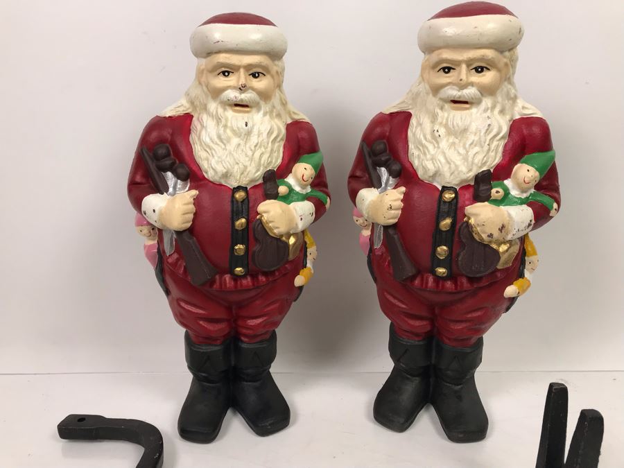 Pair Of Cast Iron Painted Santa Claus Andirons Figurines [Photo 8]