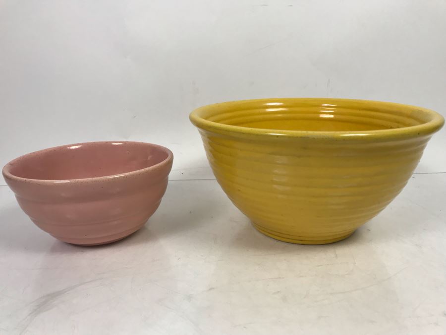 Pair Of Yellow And Pink Bauer Pottery Mixing Bowls 9'R And 6'R [Photo 1]