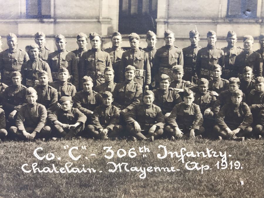 Antique 1919 Framed Photograph Of Co. 'C' - 306th Infantry Chatelain Mayenne By Richards Film Service Montgomery Alabama 35 X 11.5 [Photo 5]