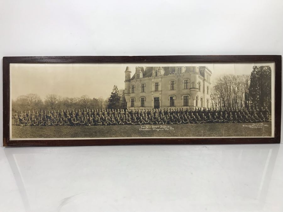 Antique 1919 Framed Photograph Of Co. 'C' - 306th Infantry Chatelain Mayenne By Richards Film Service Montgomery Alabama 35 X 11.5