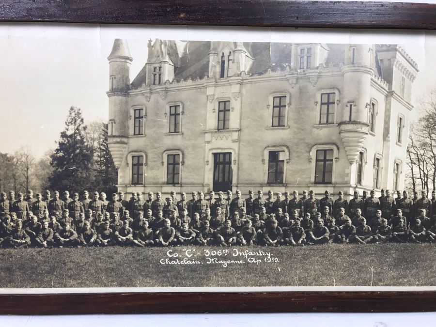 Antique 1919 Framed Photograph Of Co. 'C' - 306th Infantry Chatelain Mayenne By Richards Film Service Montgomery Alabama 35 X 11.5 [Photo 2]