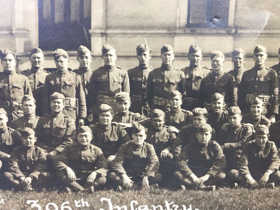 Antique 1919 Framed Photograph Of Co. 'C' - 306th Infantry Chatelain Mayenne By Richards Film Service Montgomery Alabama 35 X 11.5 [Photo 11]