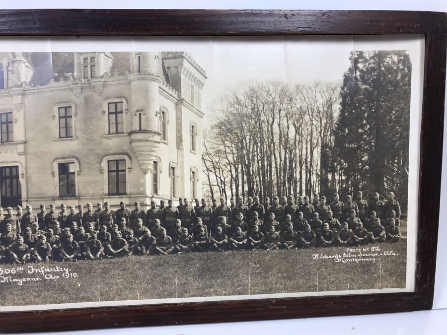 Antique 1919 Framed Photograph Of Co. 'C' - 306th Infantry Chatelain Mayenne By Richards Film Service Montgomery Alabama 35 X 11.5 [Photo 3]