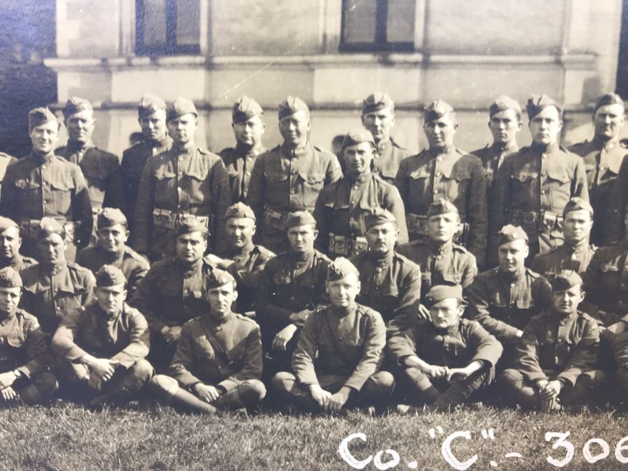 Antique 1919 Framed Photograph Of Co. 'C' - 306th Infantry Chatelain Mayenne By Richards Film Service Montgomery Alabama 35 X 11.5 [Photo 12]