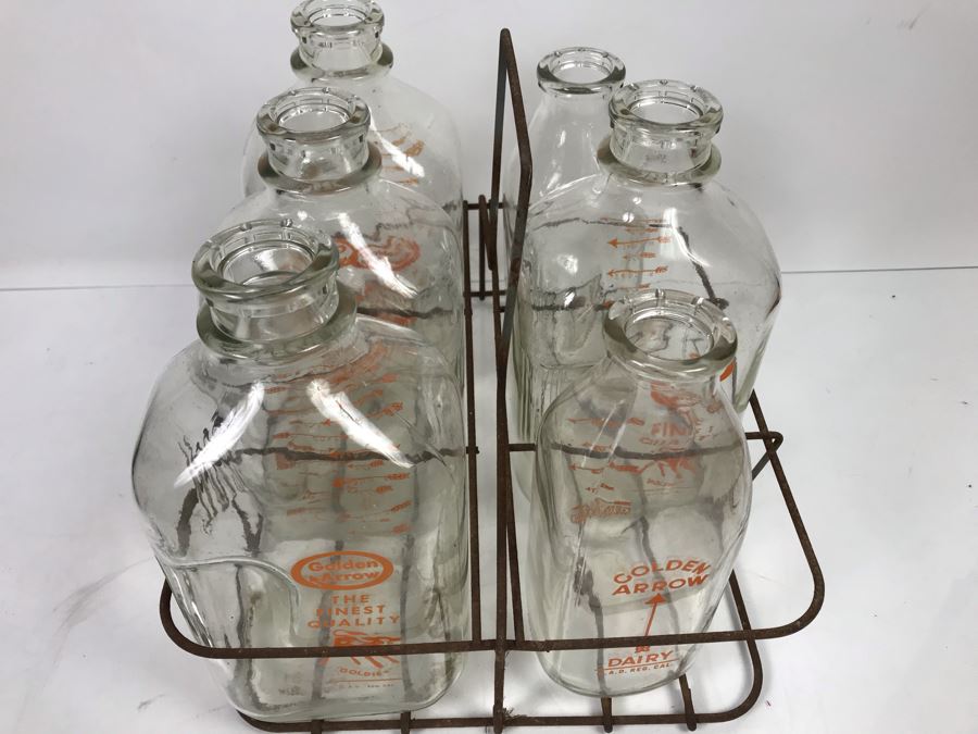 Vintage Glass Milk Bottles With Metal Milk Glass Carrier