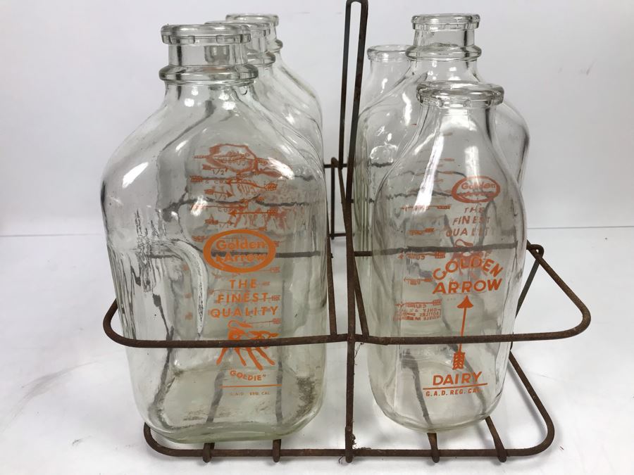 Vintage Glass Milk Bottles With Metal Milk Glass Carrier