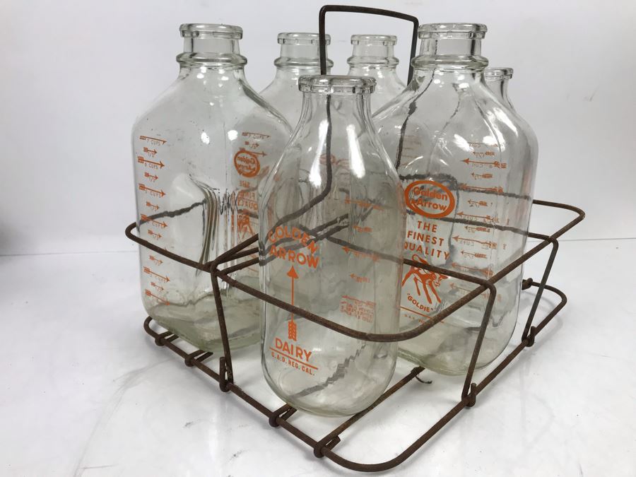 Vintage Glass Milk Bottles With Metal Milk Glass Carrier [Photo 1]