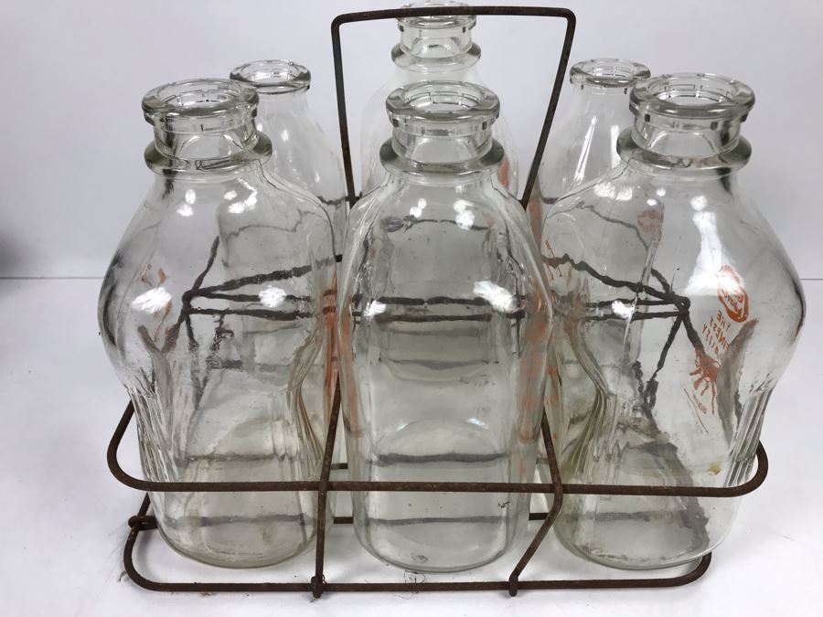 6 Glass Milk Bottles in Metal Carrier