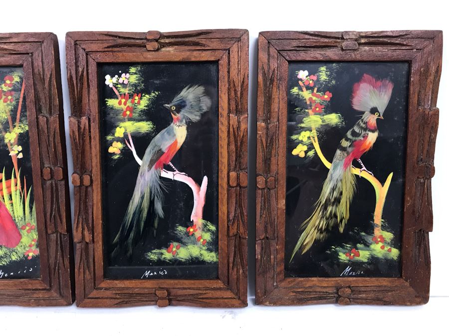 Set Of (4) Mexican Feathercraft Artwork Framed In Carved Wooden Frames [Photo 7]