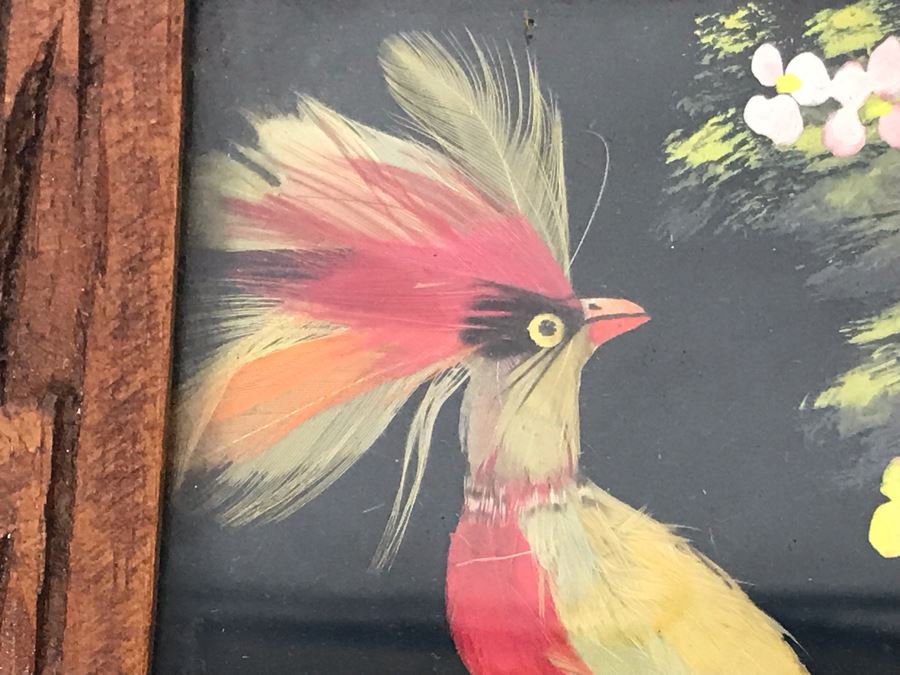 Set Of (4) Mexican Feathercraft Artwork Framed In Carved Wooden Frames [Photo 4]