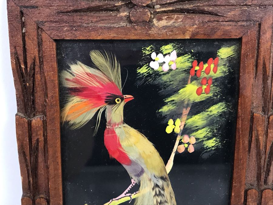 Set Of (4) Mexican Feathercraft Artwork Framed In Carved Wooden Frames [Photo 8]