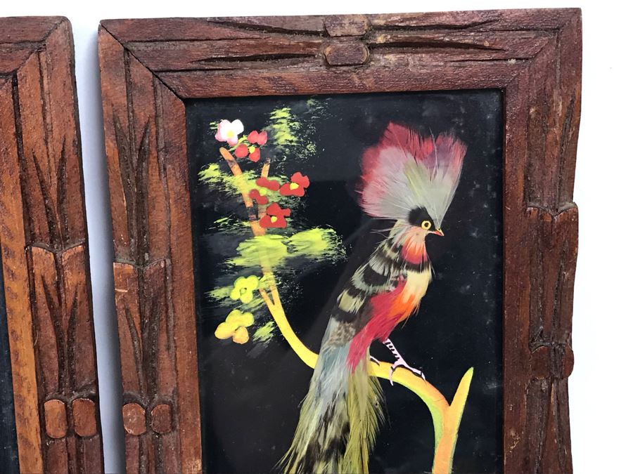 Set Of (4) Mexican Feathercraft Artwork Framed In Carved Wooden Frames [Photo 11]