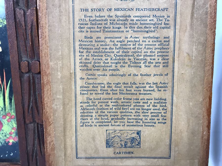 Set Of (4) Mexican Feathercraft Artwork Framed In Carved Wooden Frames [Photo 12]