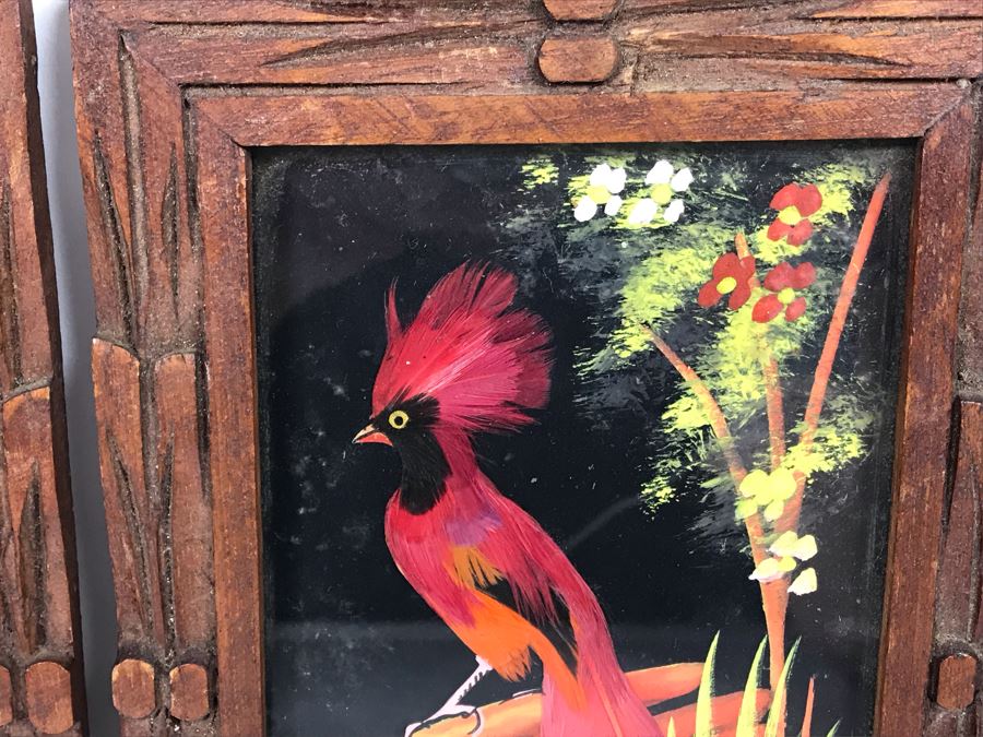 Set Of (4) Mexican Feathercraft Artwork Framed In Carved Wooden Frames [Photo 9]