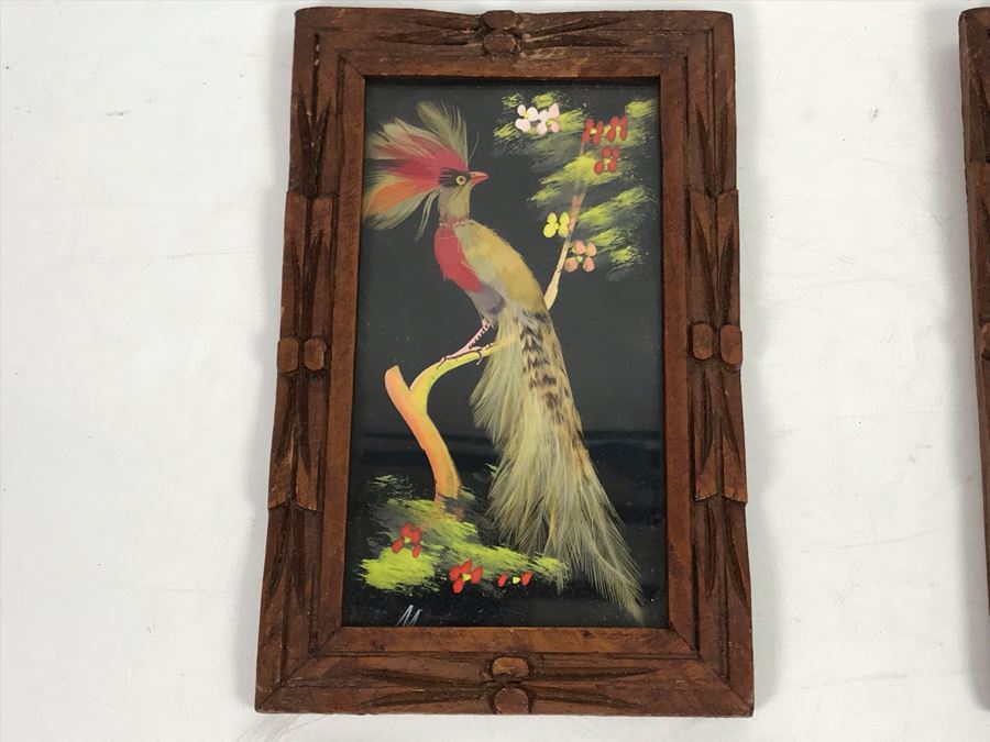 Set Of (4) Mexican Feathercraft Artwork Framed In Carved Wooden Frames [Photo 2]