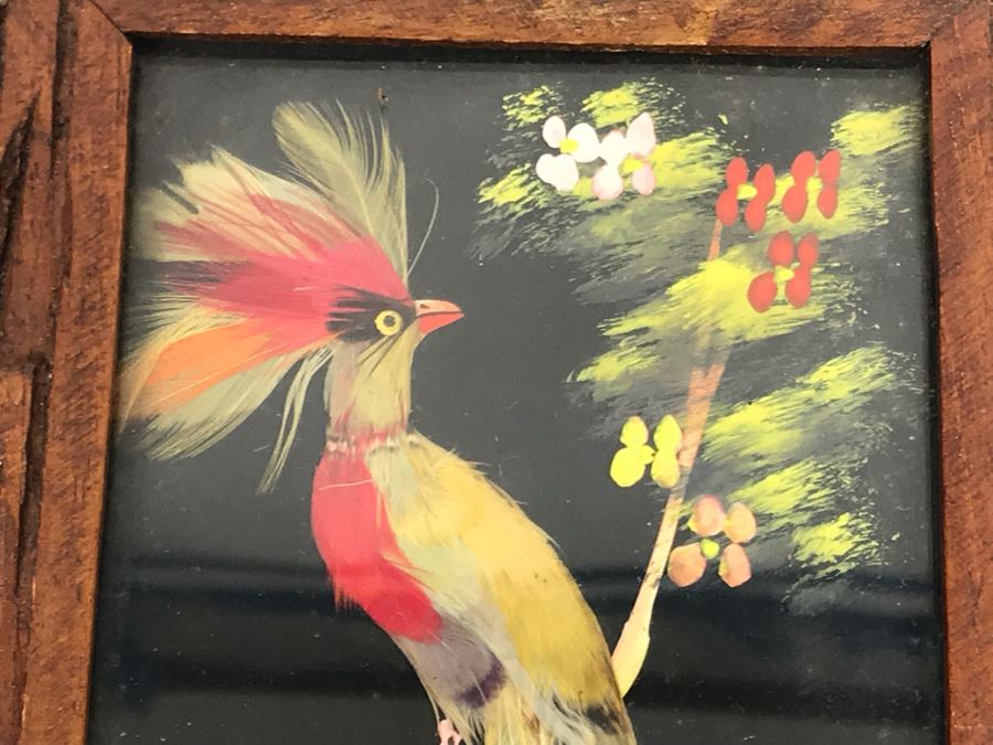 Set Of (4) Mexican Feathercraft Artwork Framed In Carved Wooden Frames [Photo 3]