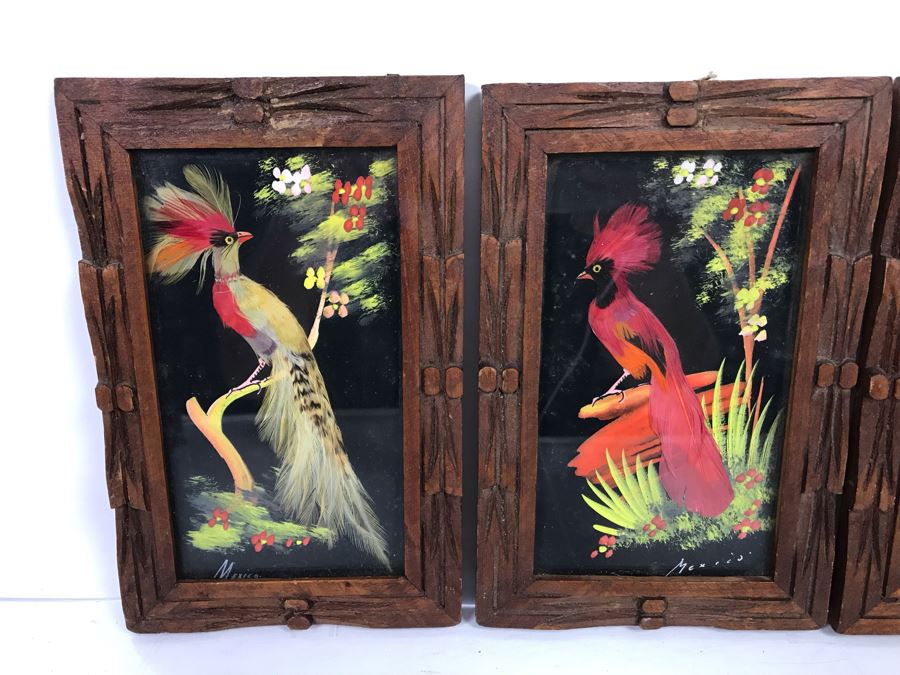 Set Of (4) Mexican Feathercraft Artwork Framed In Carved Wooden Frames [Photo 6]