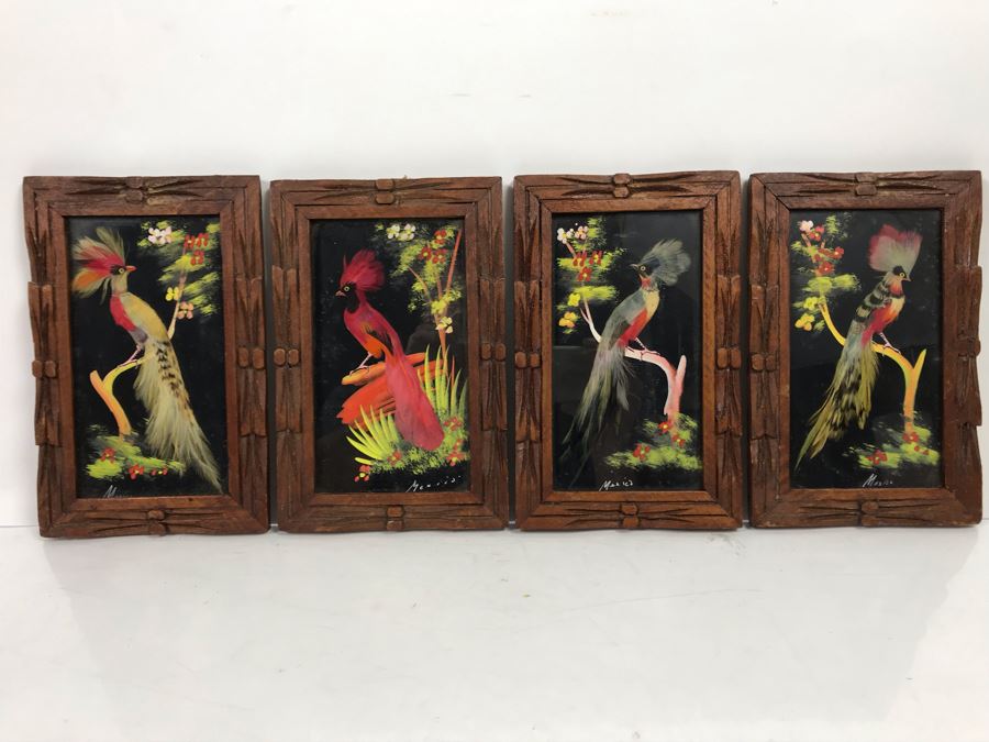 Set Of (4) Mexican Feathercraft Artwork Framed In Carved Wooden Frames [Photo 1]