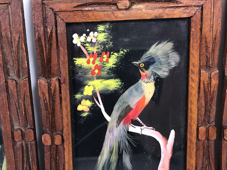 Set Of (4) Mexican Feathercraft Artwork Framed In Carved Wooden Frames [Photo 10]