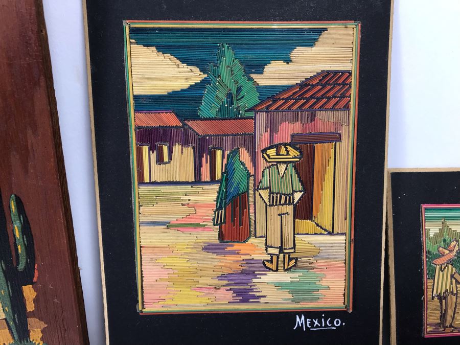 Pair Of Well Executed Mexican Native Stick Art / Straw Folk Art Paintings And Pair Of Hand Painted Mexican Scene Paintings On Board [Photo 3]