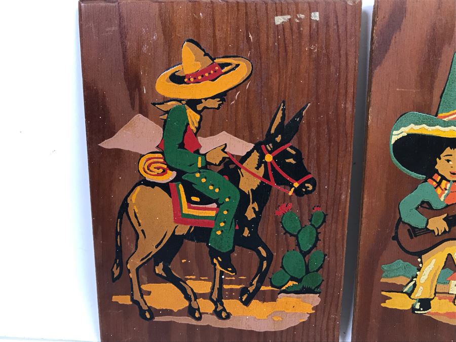 Pair Of Well Executed Mexican Native Stick Art / Straw Folk Art Paintings And Pair Of Hand Painted Mexican Scene Paintings On Board [Photo 10]