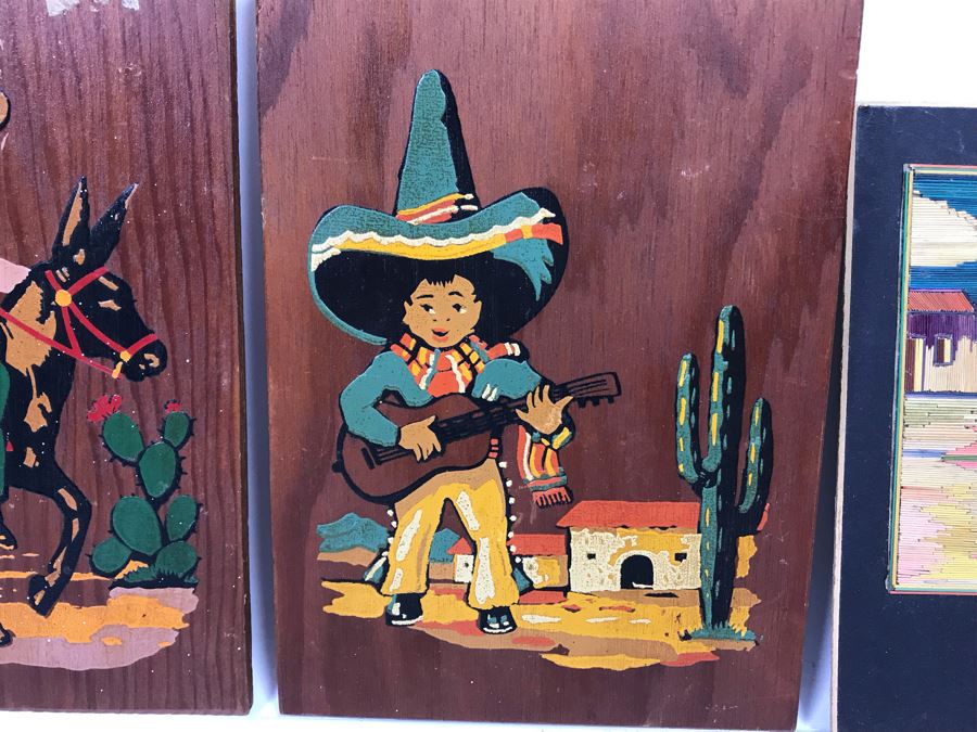 Pair Of Well Executed Mexican Native Stick Art / Straw Folk Art Paintings And Pair Of Hand Painted Mexican Scene Paintings On Board [Photo 9]