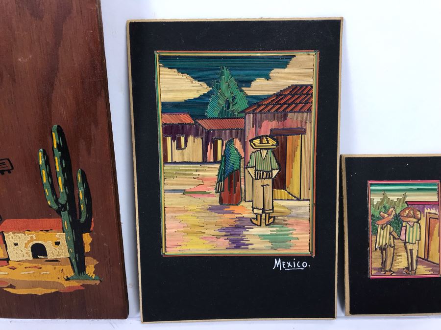Pair Of Well Executed Mexican Native Stick Art / Straw Folk Art Paintings And Pair Of Hand Painted Mexican Scene Paintings On Board [Photo 2]