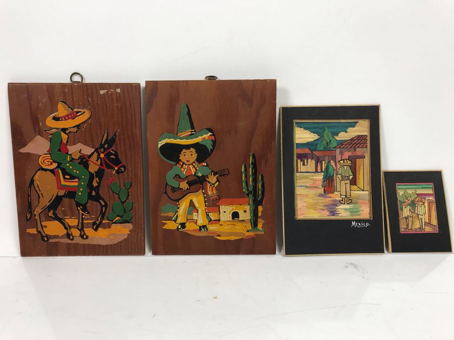 Pair Of Well Executed Mexican Native Stick Art / Straw Folk Art Paintings And Pair Of Hand Painted Mexican Scene Paintings On Board [Photo 1]