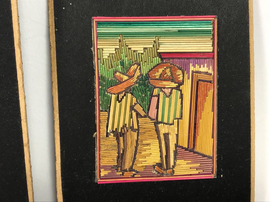 Pair Of Well Executed Mexican Native Stick Art / Straw Folk Art Paintings And Pair Of Hand Painted Mexican Scene Paintings On Board [Photo 7]