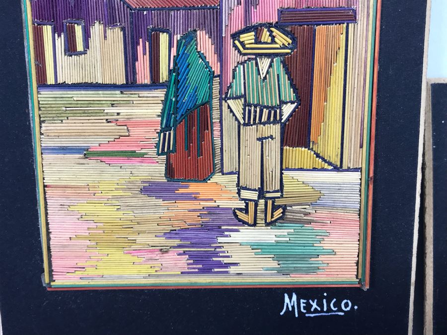 Pair Of Well Executed Mexican Native Stick Art / Straw Folk Art Paintings And Pair Of Hand Painted Mexican Scene Paintings On Board [Photo 4]