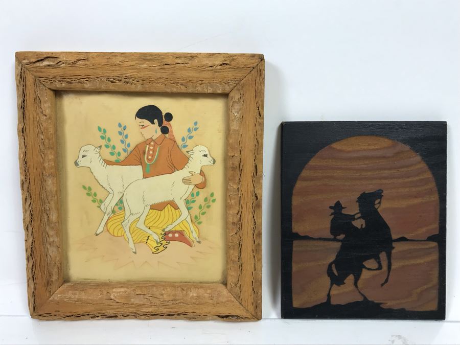 Original Artwork Of Native American Woman In Wooden Frame And Cowboy Wrangler Sylvanart Etching In Wood From Yellowstone Park, WY