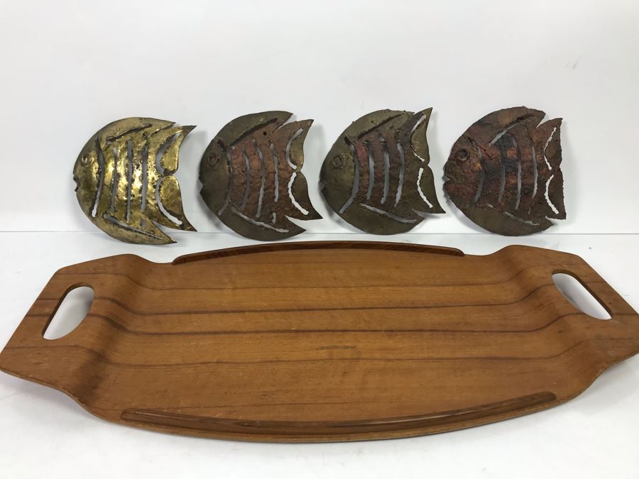 (4) Brass Sculptural Fish Wall Artwork And Wooden Japanese Tray [Photo 1]
