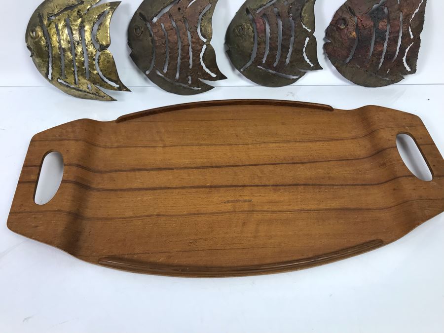 (4) Brass Sculptural Fish Wall Artwork And Wooden Japanese Tray [Photo 6]