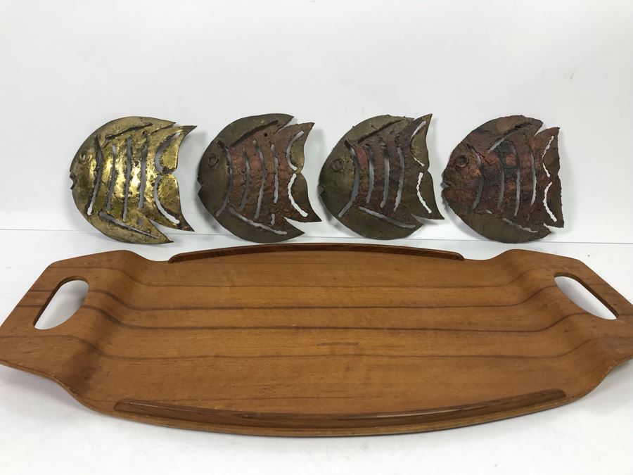 (4) Brass Sculptural Fish Wall Artwork And Wooden Japanese Tray [Photo 2]