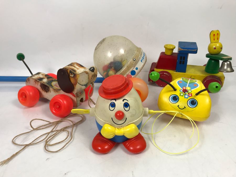 Vintage Kids Toys Lot With Fisher Price Corn Popper, Little Snoopy, Humpty Dumpty, Tug-A-Bug And Japanese Wooden Train Toy