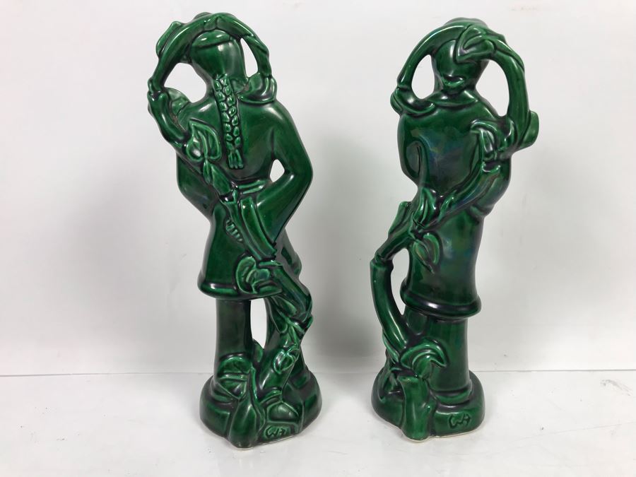 Pair Of United Ceramics California Pottery Asian Figurines Green 11'H [Photo 3]