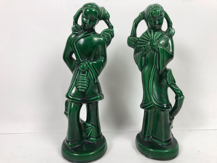 Pair Of United Ceramics California Pottery Asian Figurines Green 11'H